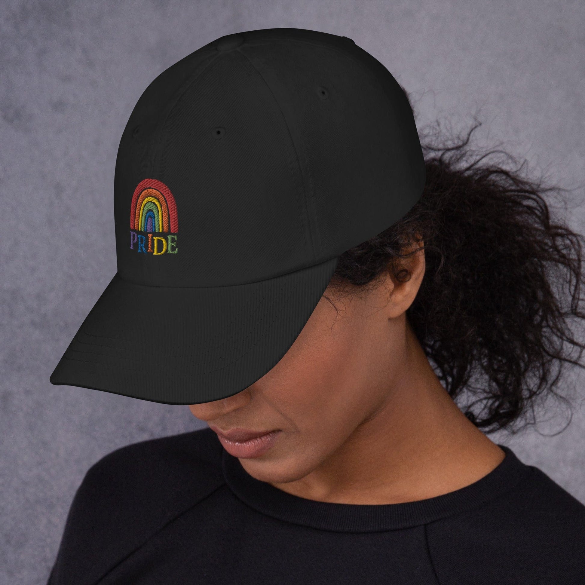 woman-wearing-embroidered-pride-dad-hat-black-left-side