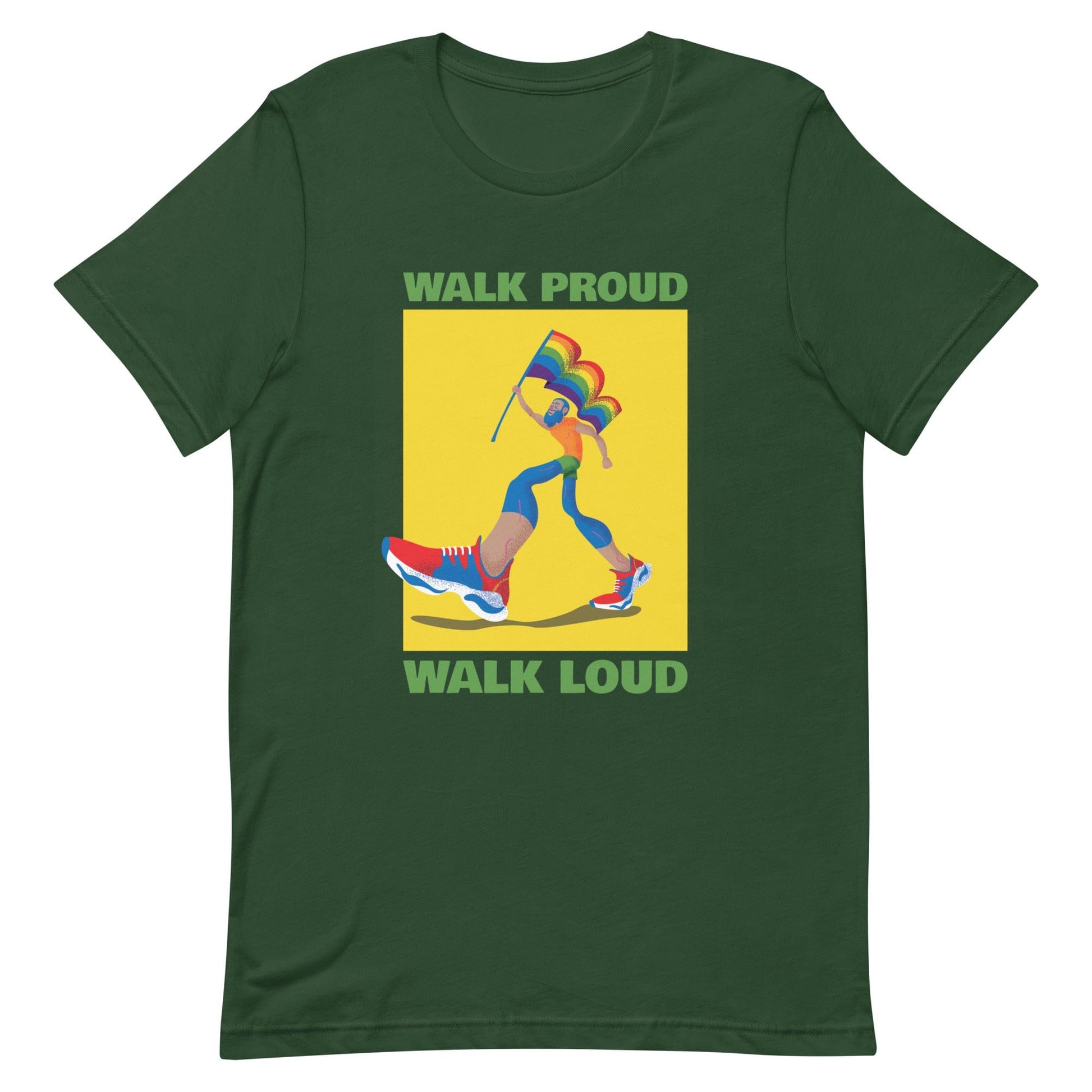 queer-pride-t-shirt-walk-proud-walk-loud-lgbtq-gay-apparel-green-forest-front